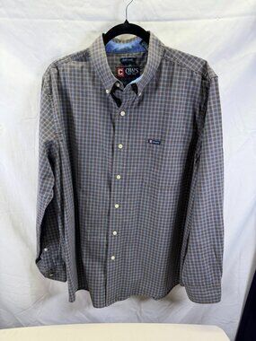 Chaps Mens Large Shirt Brown/Blue Plaid Check Long Sleeve Button-Down Easy Care